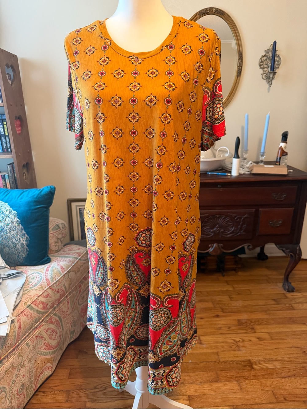 Honeyme Mustard Paisley-Print Short Sleeve Midi Dress